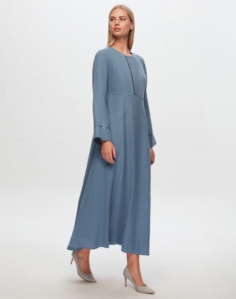 T24Y-4027 Pul Detaylı A Kesim Keten Elbise BLUE 