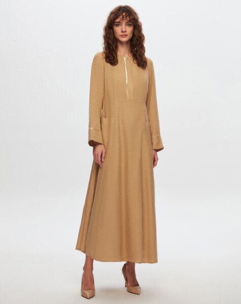 T24Y-4027 Pul Detaylı A Kesim Keten Elbise CRAFT - 1