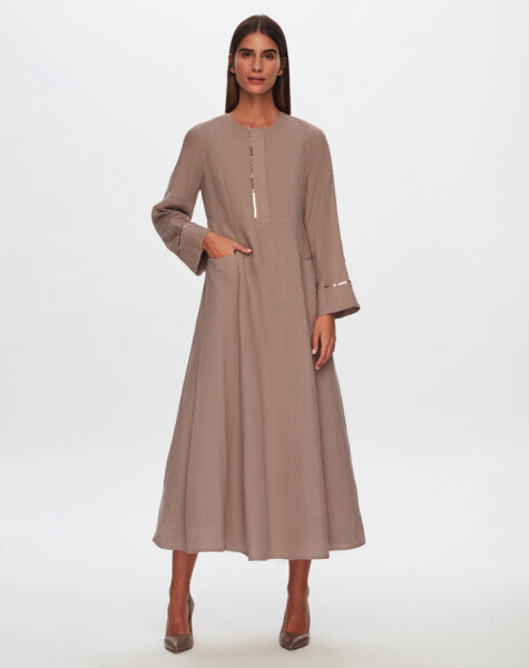 T24Y-4027 Pul Detaylı A Kesim Keten Elbise MİNK - 1