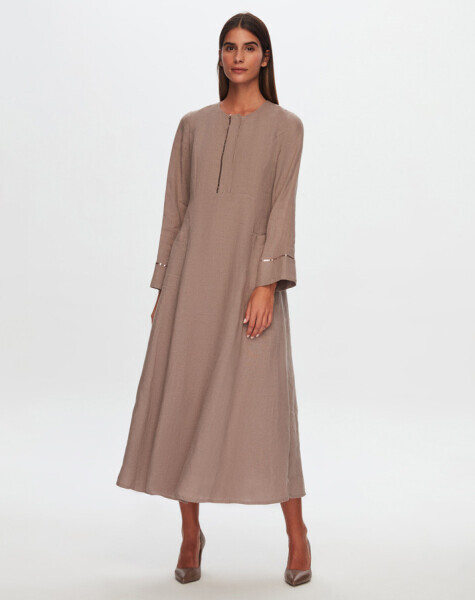 T24Y-4027 Pul Detaylı A Kesim Keten Elbise MİNK - 3