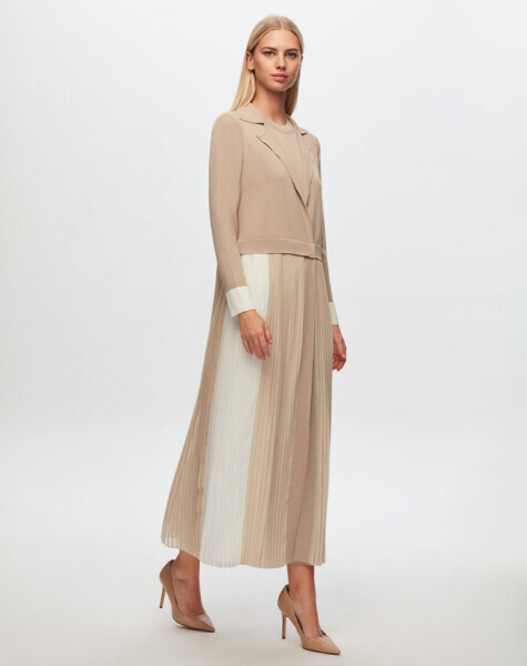 T24Y-4029 İki Renkli Kolsuz Triko Elbise 1052-BEİGE 