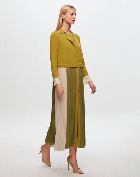 T24Y-4029 İki Renkli Kolsuz Triko Elbise 1516-OLİVE 