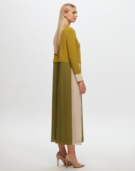 T24Y-4029 İki Renkli Kolsuz Triko Elbise 1516-OLİVE - 2