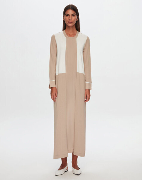 T24Y-4030 Önü Cupro Detaylı Renk Bloklu Triko Elbise 1052-BEİGE - 1