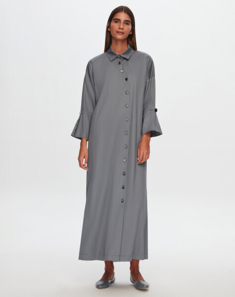 T24Y-4034 Gold Düğmeli Uzun Poplin Elbise DARK GREY 