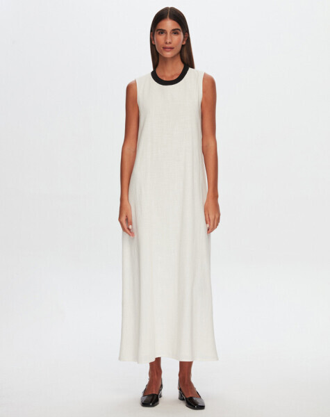 T24Y-4036 Triko Yaka Detaylı Kolsuz Keten Elbise BEİGE 