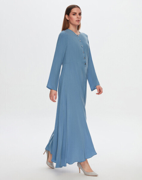 T24Y-4037 Yuvarlak Yaka Düğme Detaylı Cupro Elbise BLUE 