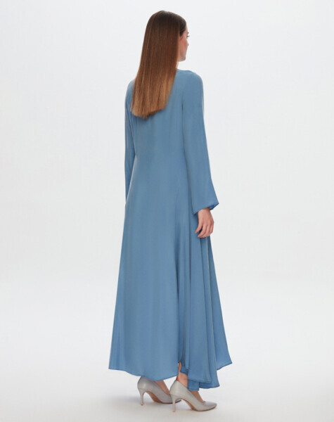 T24Y-4037 Yuvarlak Yaka Düğme Detaylı Cupro Elbise BLUE - MISS DALIDA (1)