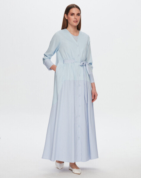T24Y-4039 Beli Kendinden Kuşaklı Poplin Elbise BLUE 