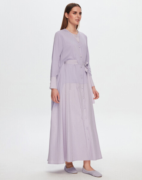 T24Y-4039 Beli Kendinden Kuşaklı Poplin Elbise PURPLE - 2