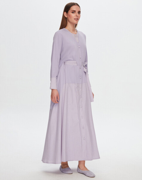 T24Y-4039 Beli Kendinden Kuşaklı Poplin Elbise PURPLE - 1