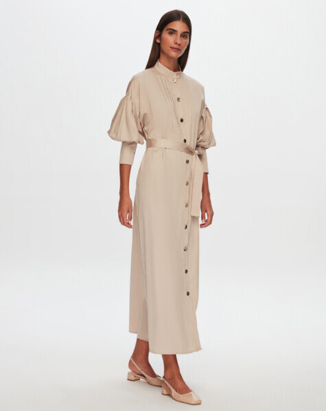 T24Y-4041 Nervür Detaylı Poplin Elbise BEİGE - 2