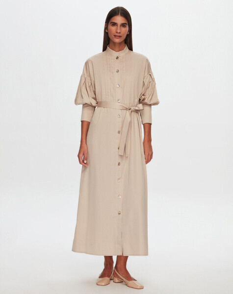 T24Y-4041 Nervür Detaylı Poplin Elbise BEİGE - 1