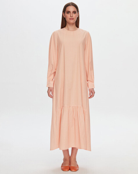 T24Y-4042 Etek Ucu Büzgülü Poplin Elbise BEİGE - 2