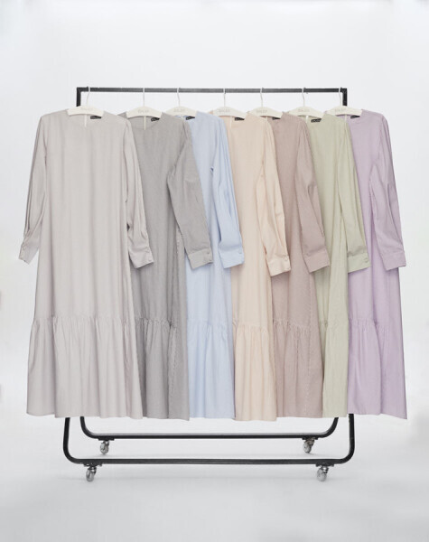 T24Y-4042 Etek Ucu Büzgülü Poplin Elbise BEİGE - 7