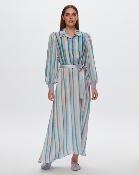 T24Y-4044 Renkli Çizgili Uzun Elbise LİLAC - 1