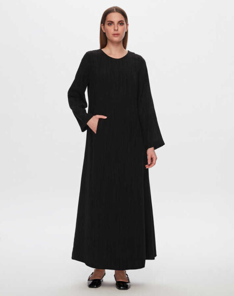 Kendinden Doku Desenli Siyah Elbise - 1