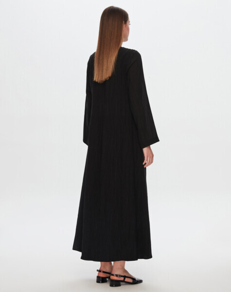 Kendinden Doku Desenli Siyah Elbise - 2