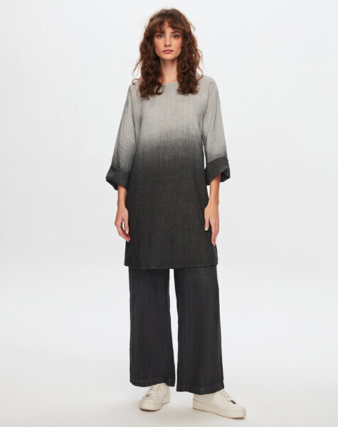 T24Y-6006 Uzun Kollu Degrade Keten Tunik BLACK 