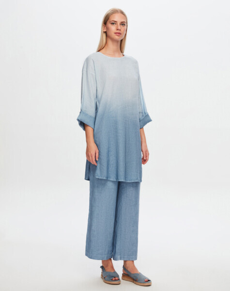 T24Y-6006 Uzun Kollu Degrade Keten Tunik BLUE 