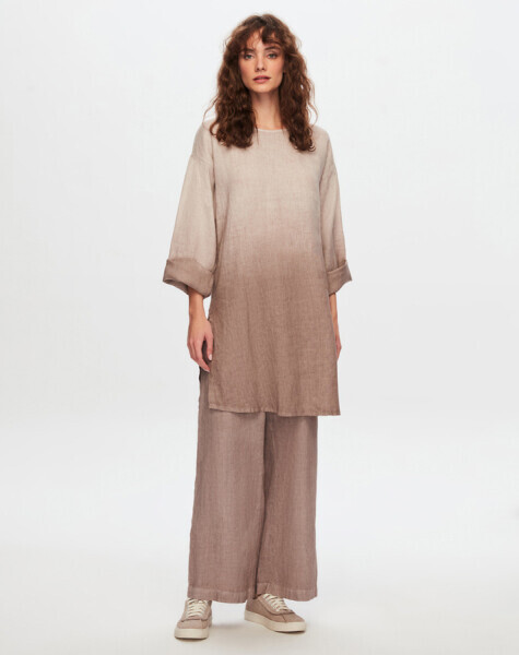 T24Y-6006 Uzun Kollu Degrade Keten Tunik DARK GREY - 11