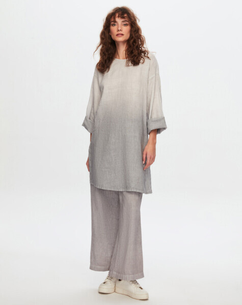 T24Y-6006 Uzun Kollu Degrade Keten Tunik DARK GREY 