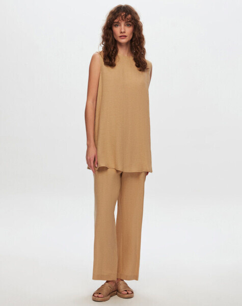 T24Y-6008 Kolsuz Keten Tunik BEİGE - 1