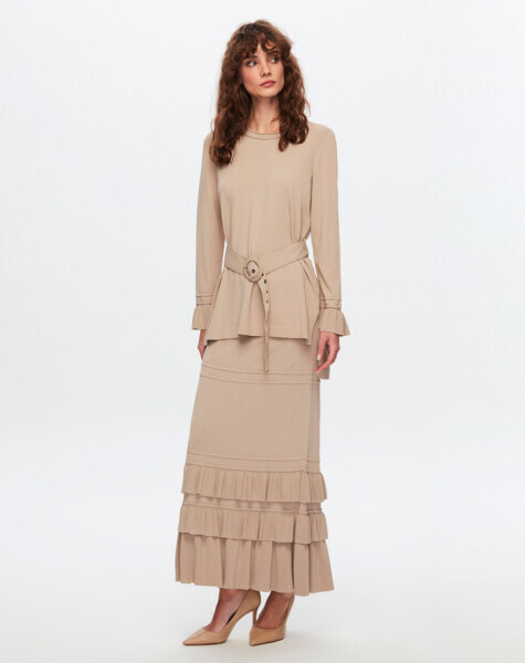 T24Y-6016 Kemer  Detaylı Triko Tunik 1052-BEİGE 