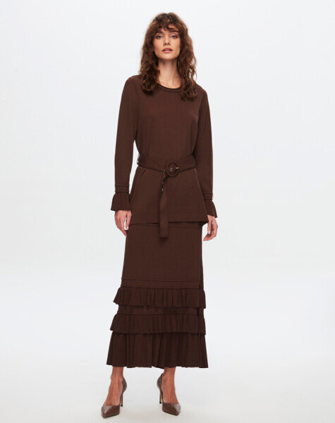 T24Y-6016 Kemer  Detaylı Triko Tunik 1084-CACAO - 1