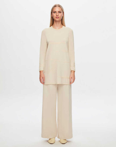 T24Y-6019 Önü Örgü Teknikli Triko Tunik 1245-STONE / 1345-VANİLYA - 1