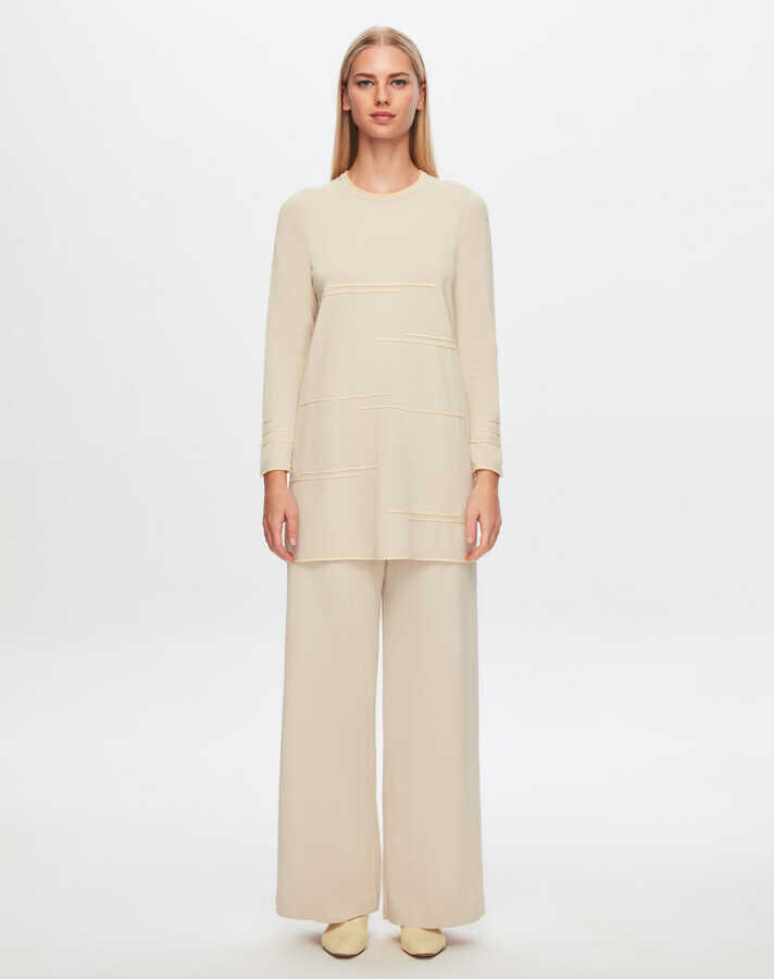 T24Y-6019 Önü Örgü Teknikli Triko Tunik 1245-STONE / 1345-VANİLYA - 1