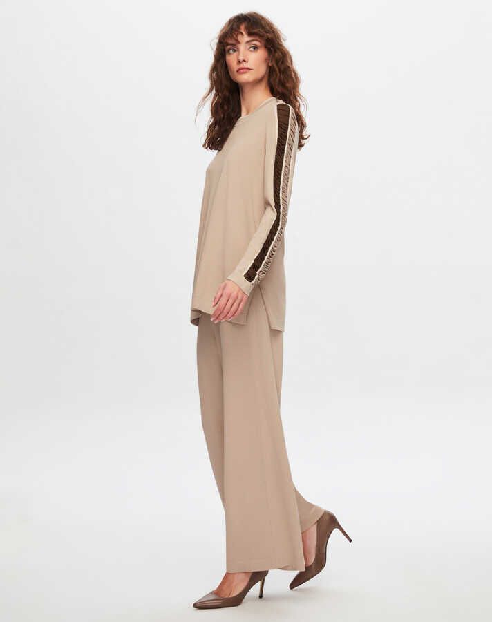 T24Y-6020 Kolu Parlak İp Detaylı Triko Tunik 1052-BEİGE - 1