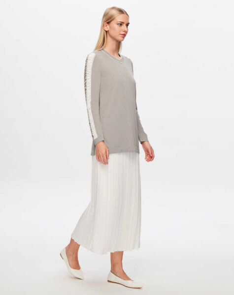 T24Y-6020 Kolu Parlak İp Detaylı Triko Tunik 1381-DARK GREY 