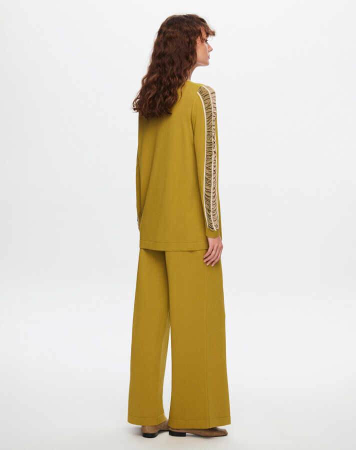 T24Y-6020 Kolu Parlak İp Detaylı Triko Tunik 1516-OLİVE - 2