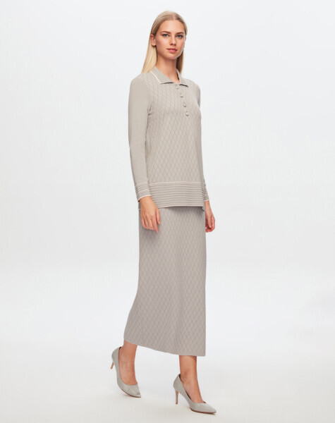 T24Y-6025 Gömlek Yaka Baklava Desenli Elangant Tunik 1099-DARK GREY 