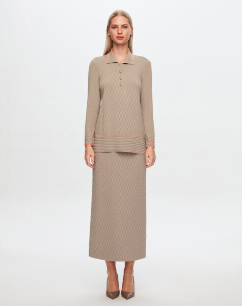 T24Y-6025 Gömlek Yaka Baklava Desenli Elangant Tunik 1155-MINK 