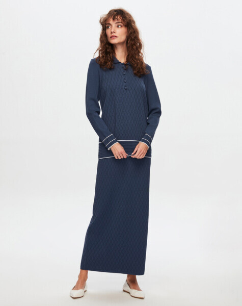 T24Y-6025 Gömlek Yaka Baklava Desenli Elangant Tunik 1361-INDIGO - 1