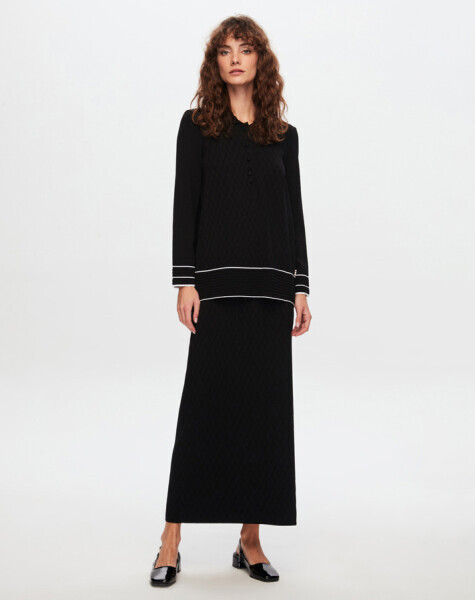 T24Y-6025 Gömlek Yaka Baklava Desenli Elangant Tunik BLACK - MISS DALIDA (1)