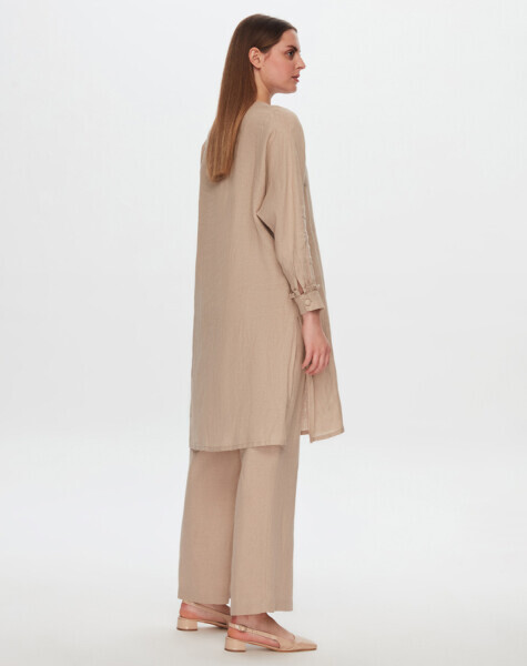 T24Y-6034 Yakası Fırfır Detaylı Keten Tunik BEİGE - 2