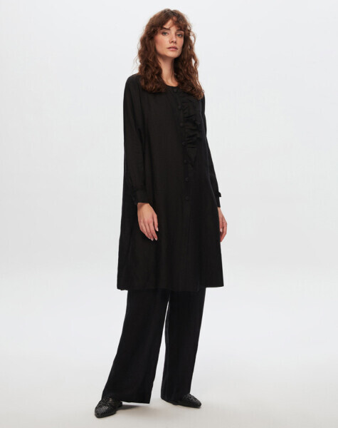 T24Y-6034 Yakası Fırfır Detaylı Keten Tunik BLACK - 1