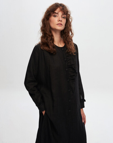 T24Y-6034 Yakası Fırfır Detaylı Keten Tunik BLACK - 3