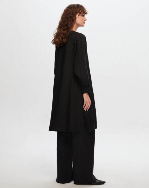 T24Y-6034 Yakası Fırfır Detaylı Keten Tunik BLACK - 2