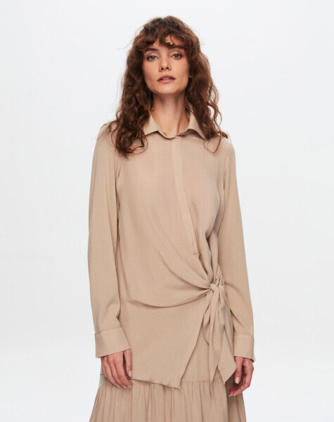 T24Y-6037 Beli Bağlama Detaylı Cupro Tunik 1052-BEİGE 