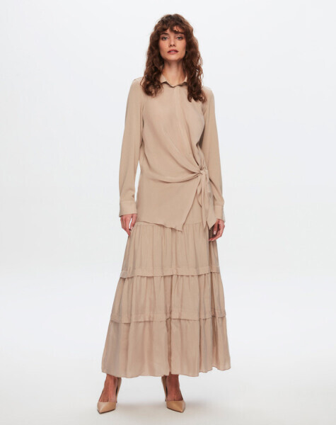 T24Y-6037 Beli Bağlama Detaylı Cupro Tunik 1052-BEİGE - 2