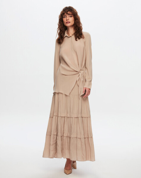 T24Y-6037 Beli Bağlama Detaylı Cupro Tunik 1052-BEİGE - 3