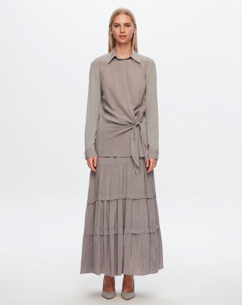 T24Y-6037 Beli Bağlama Detaylı Cupro Tunik 1381-DARK GREY - 1