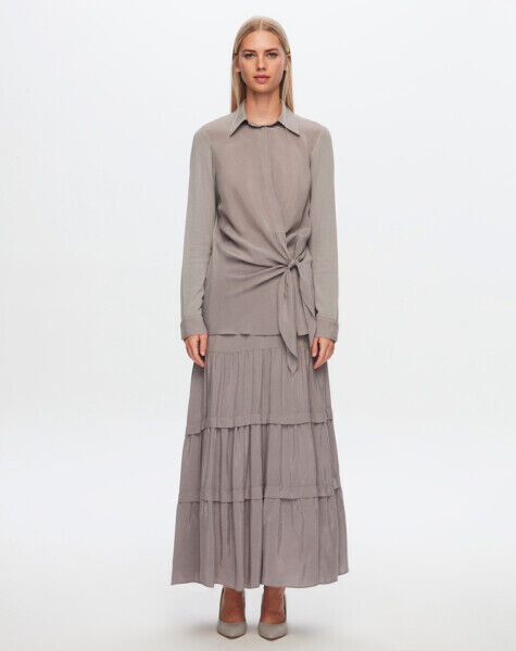 T24Y-6037 Beli Bağlama Detaylı Cupro Tunik 1381-DARK GREY - 1