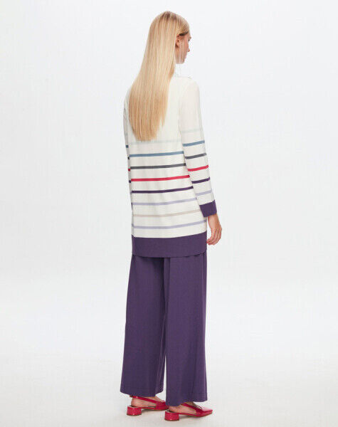 T24Y-6039 Erkek Yaka Renkli Çizgili Tunik 1012-ECRU / 1289-PURPLE - 1