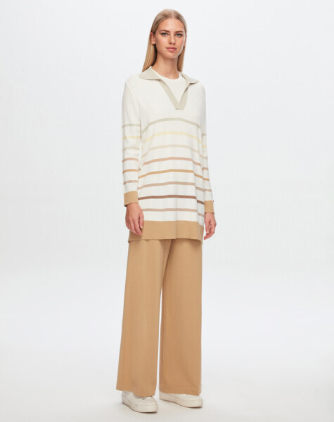 T24Y-6039 Erkek Yaka Renkli Çizgili Tunik 1012-ECRU / BLACK - 1