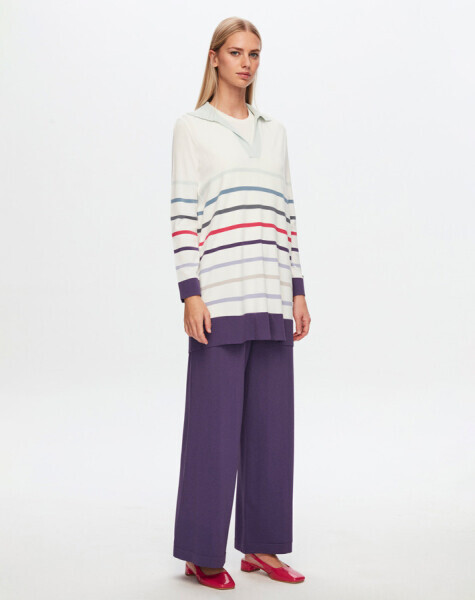 T24Y-6039 Erkek Yaka Renkli Çizgili Tunik 1012-ECRU / BLACK - 3